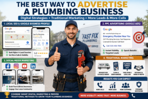 plumbing business marketing infographic showing SEO PPC social media and traditional advertising methods