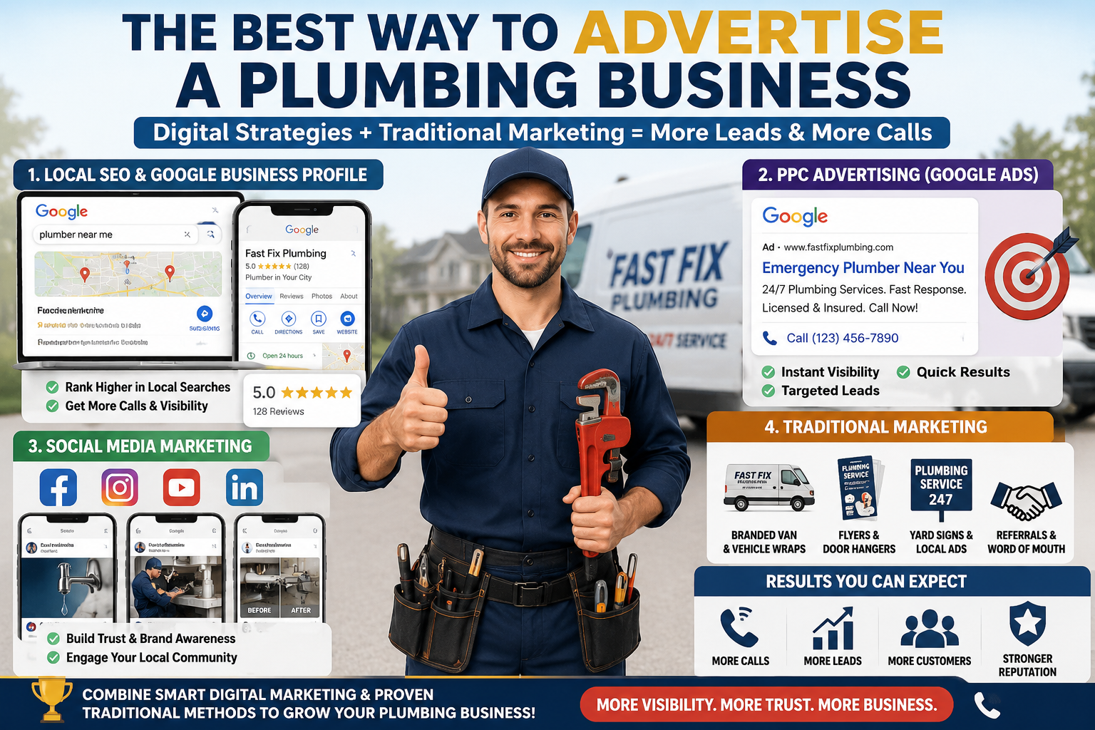 plumbing business marketing infographic showing SEO PPC social media and traditional advertising methods