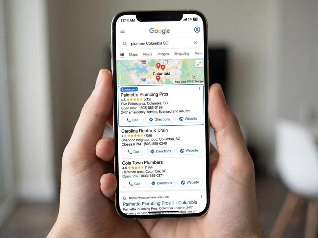 Plumber using a tablet to search Google results, showing local SEO and Google Business Profile