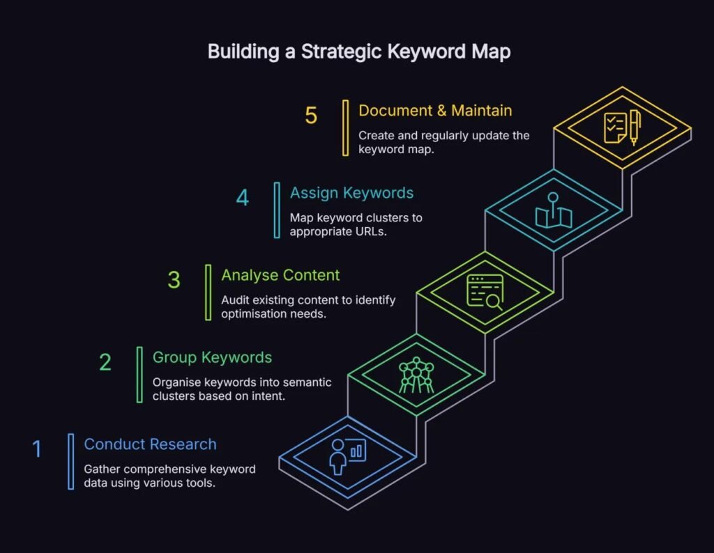 Diagram showing how keywords are discovered, grouped, and optimized using AI-driven research methods in modern SEO