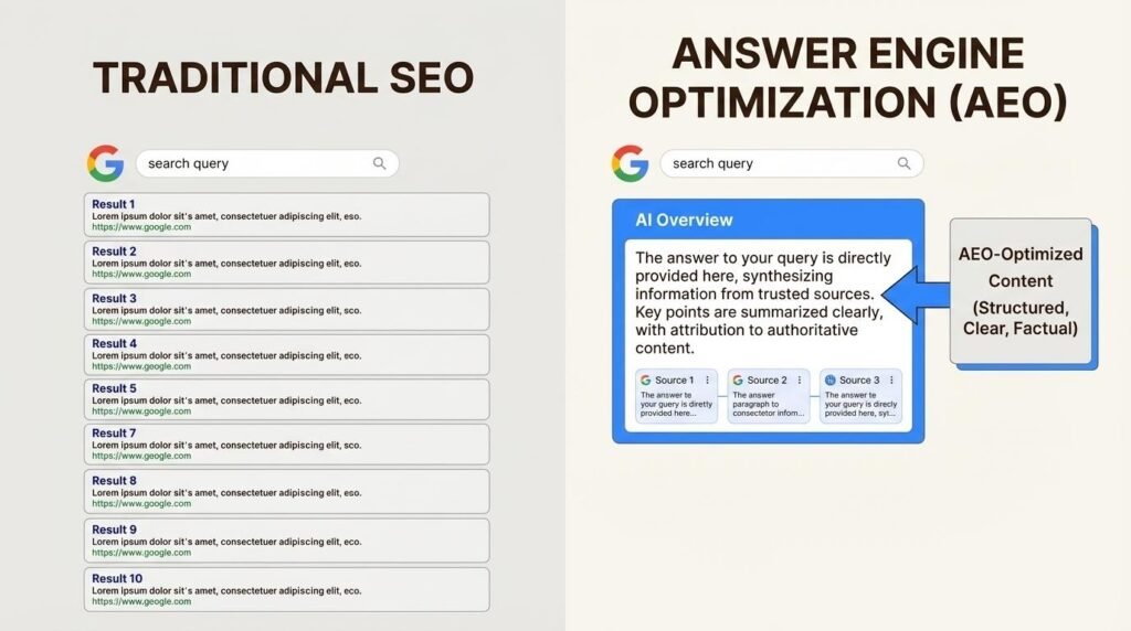 The shift from traditional SEO to AI search optimization showing content clusters, AI search, and user signals
